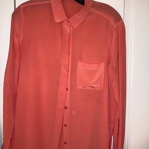 100% Silk Trouve Cream Orange Button Down Collar Shirt Blouse Size Small $298 a1